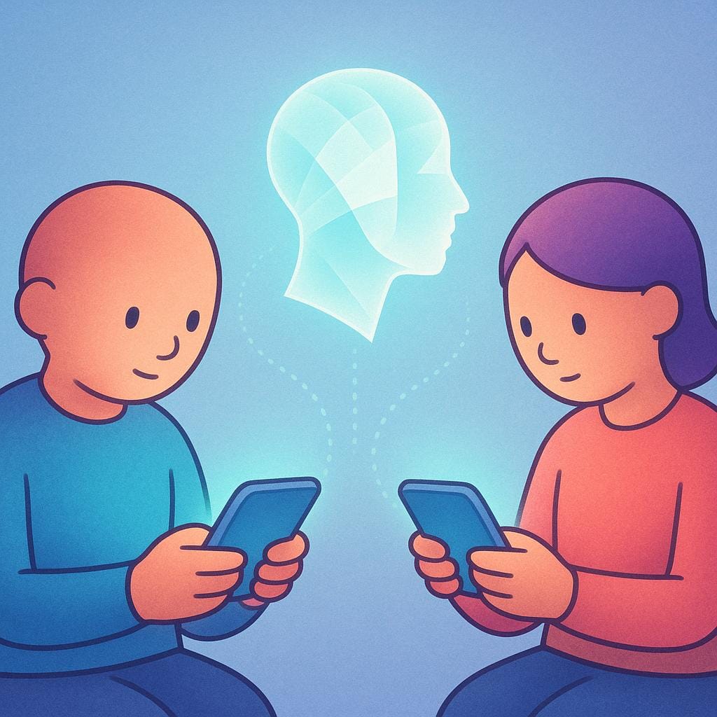 2つの異なる人物がそれぞれ小さな光る長方形のデバイスを持っており、デバイスの上方に浮かぶ様式化されたプロフィールアイコンに注意を向けている様子。オンラインでのフォローを象徴している。