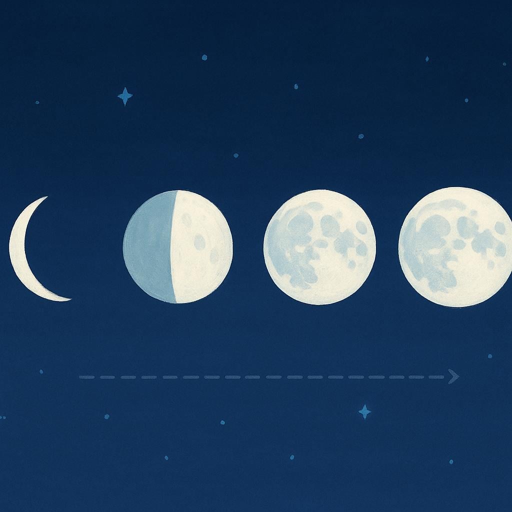 A sequence illustrating the full cycle of the moon, from new moon to full moon, representing the passage of a month.