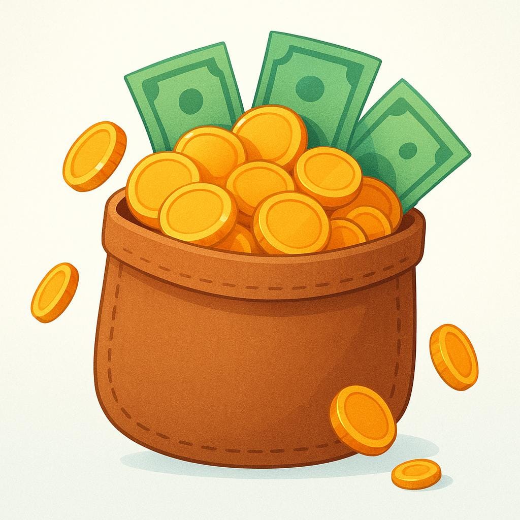 A simple brown cloth pocket visually bulging and overflowing with gold coins and green paper currency, symbolizing wealth.