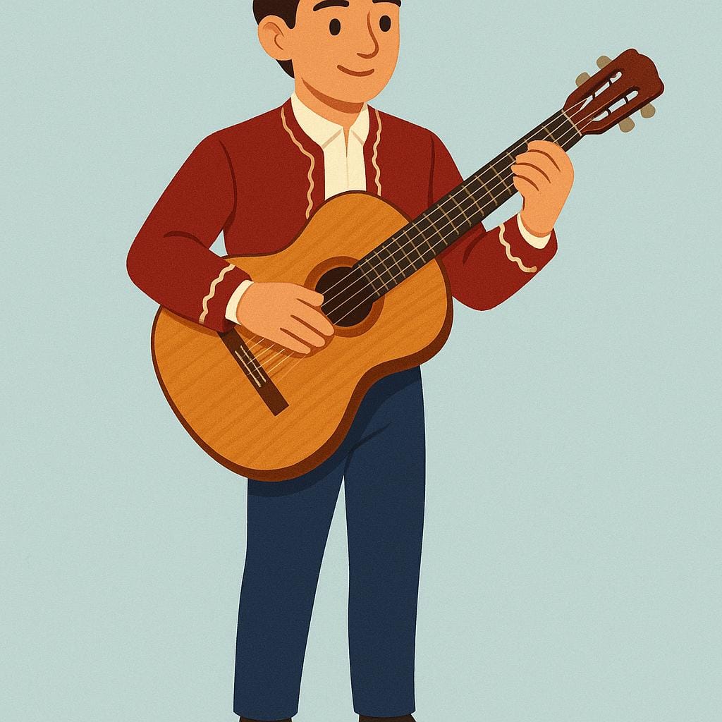 전통 스페인 복장을 하고 클래식 기타를 들고 있는 남성 인물을 묘사한 단순한 동화 삽화.