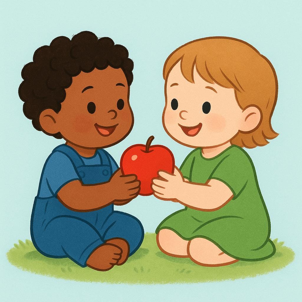 Eine farbenfrohe Illustration von zwei Kindern, die zusammen sitzen und glücklich einen leuchtend roten Apfel teilen.