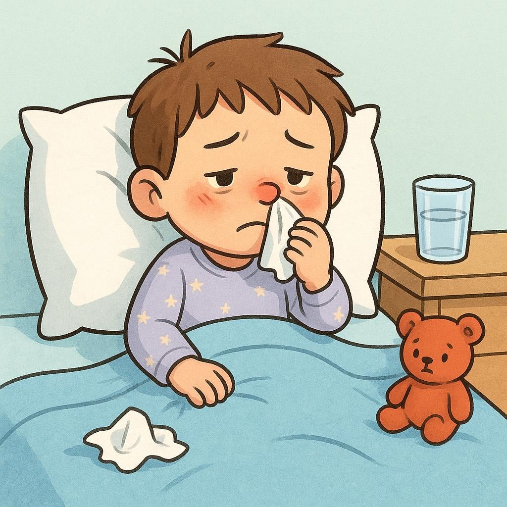 A sick, cartoon child character sitting in bed, looking miserable with a red nose, holding a crumpled tissue.