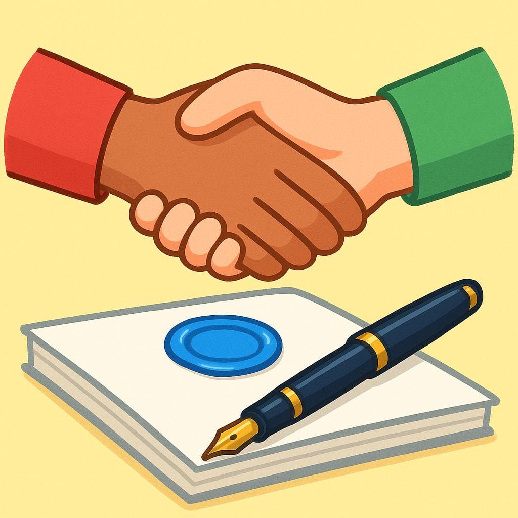 Two hands shaking over a paper with a blue wax seal and a fountain pen.