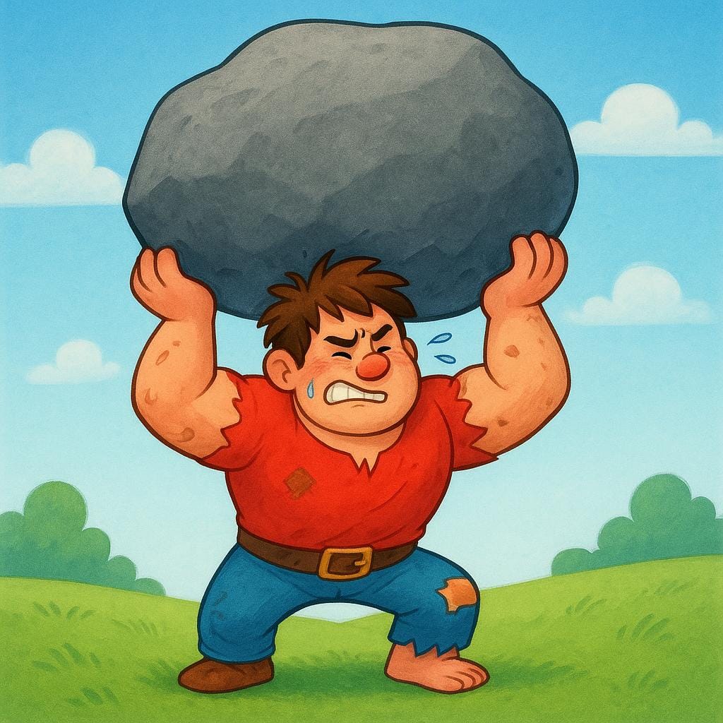 A large, muscular cartoon ogre-like character lifting a heavy boulder with a scowl.