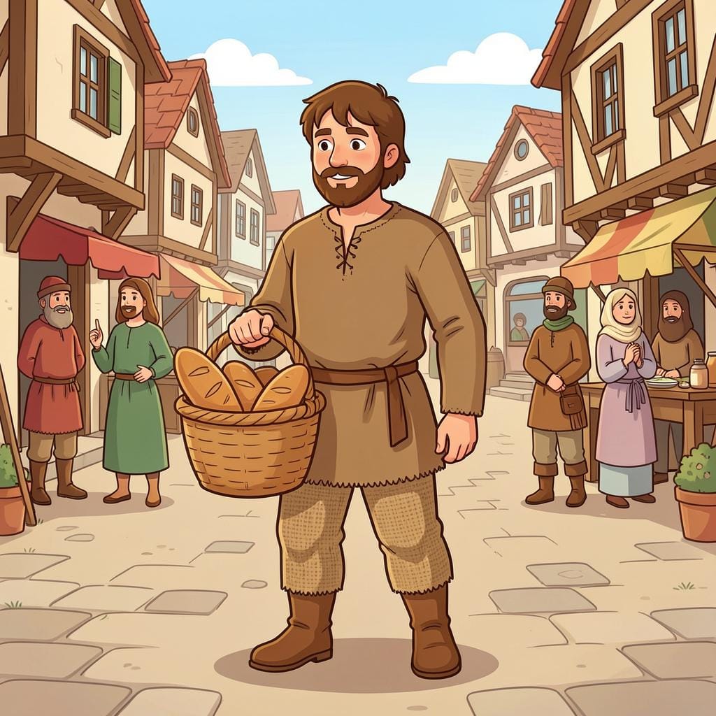 Een persoon in eenvoudige middeleeuwse boerenkleding die een mand brood door een dorp draagt.
