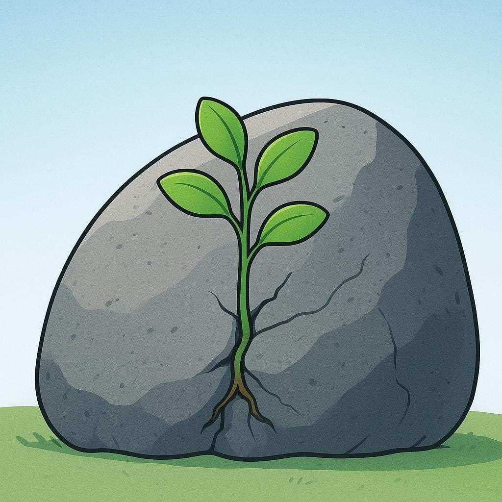 A small, sturdy green sapling growing successfully out of a fissure in a large, gray rock, symbolizing resilience.