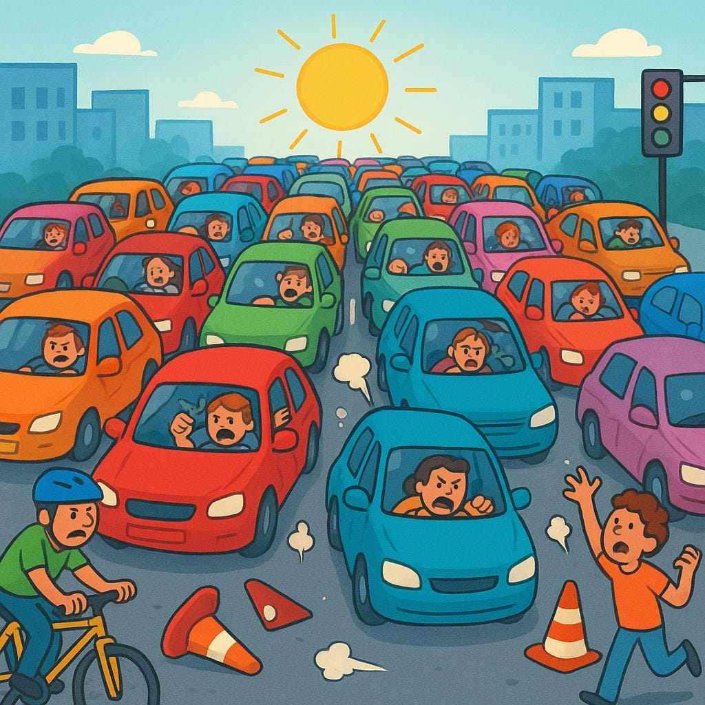 A chaotic scene of extreme traffic congestion on a city street during a heatwave, with many cars stuck bumper-to-bumper, symbolizing a terrible situation.