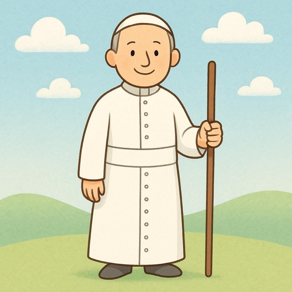 Una figura che indossa una tonaca bianca e una zucchetto bianco, che rappresenta il Papa.