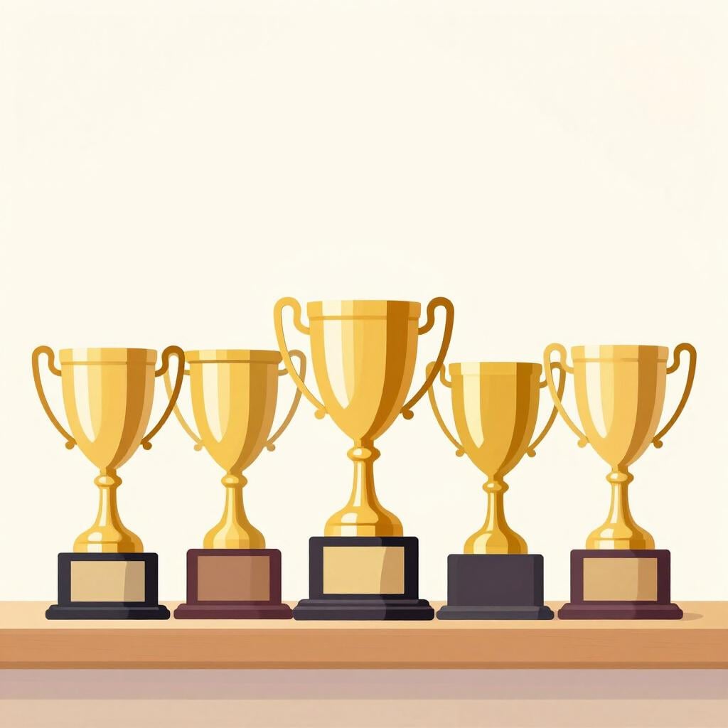 A line of five identical golden trophies standing in a row on a wooden shelf.