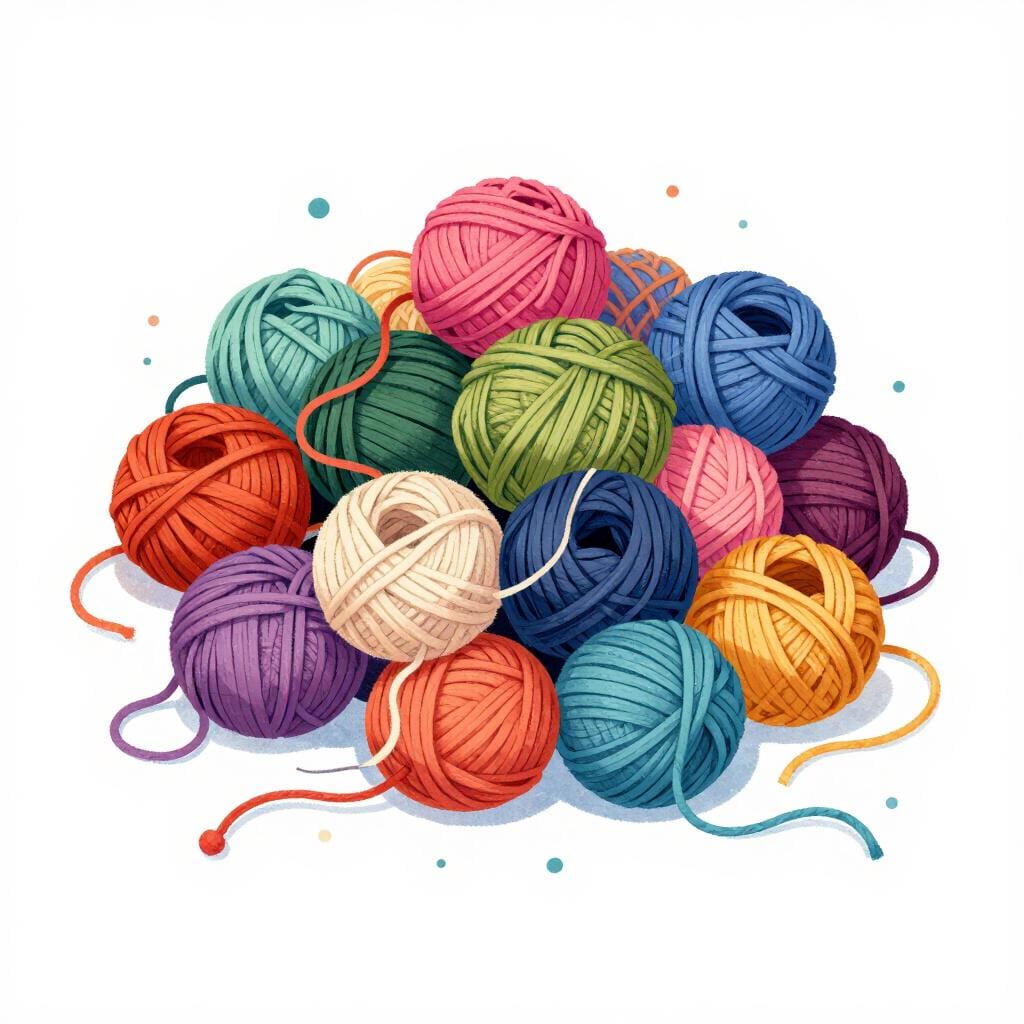 A tangled and messy ball of multicolored yarn.