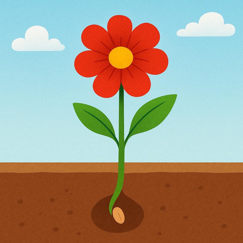 A large, brightly colored red flower stands tall, having grown successfully from a tiny seed planted in the soil, symbolizing a positive result.