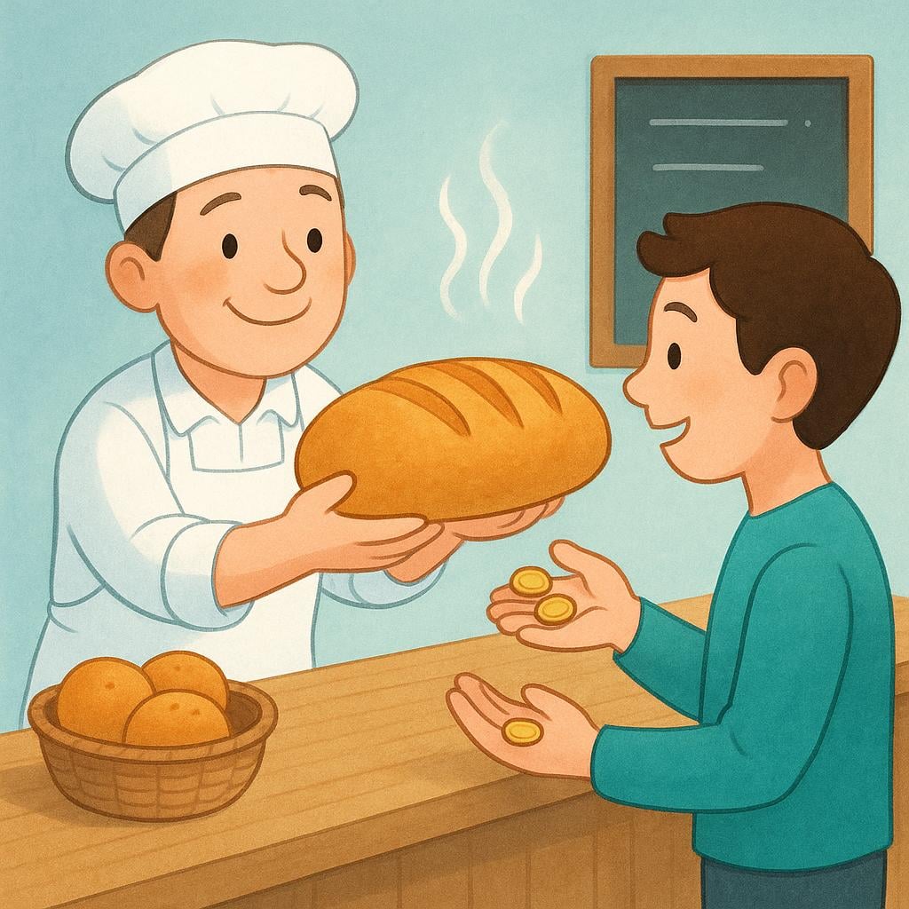 A friendly baker smiling while handing a freshly baked loaf of bread across a counter to a customer, illustrating the action of selling.