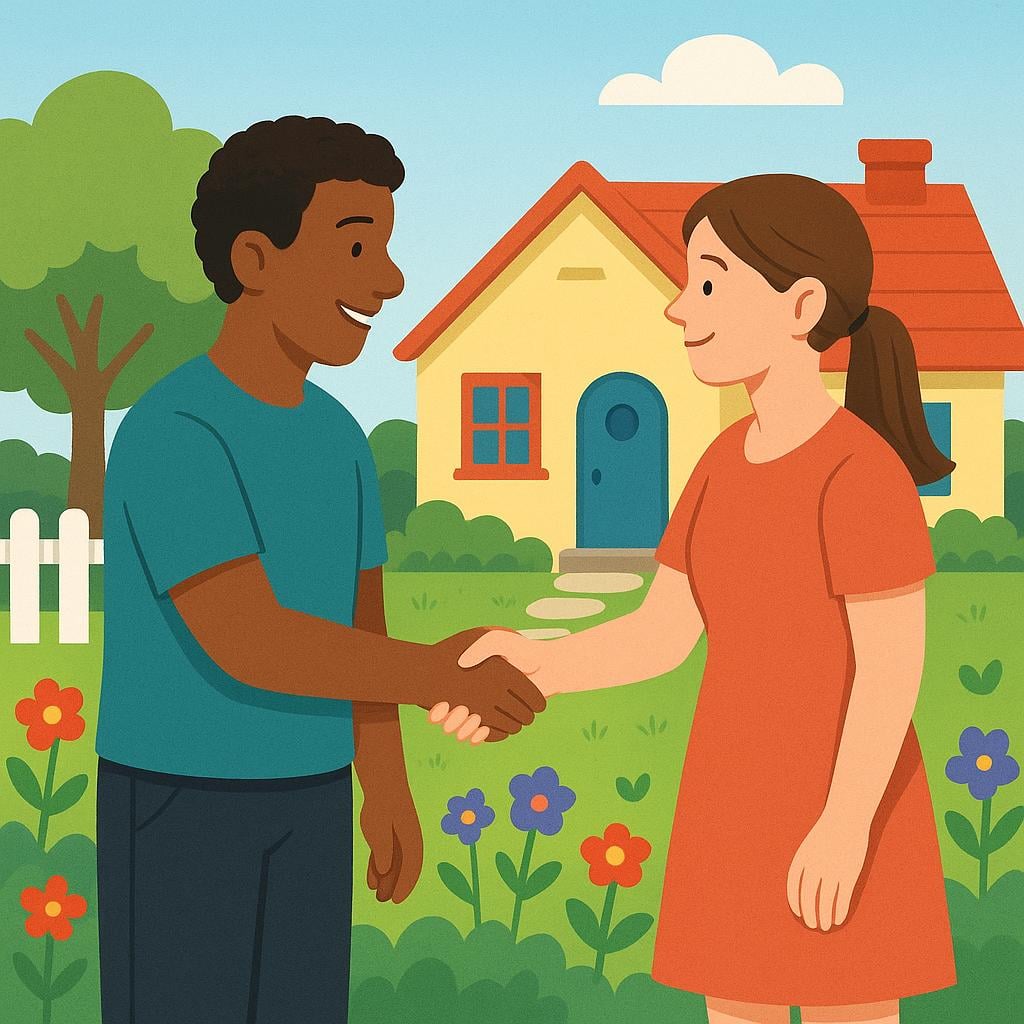 Two people shaking hands firmly in front of a simple house, representing a completed agreement.