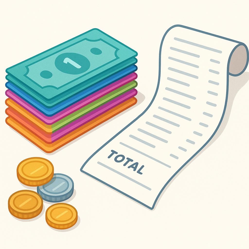 A simple illustration showing a stack of colorful paper money and coins resting next to a long, unrolled paper receipt.