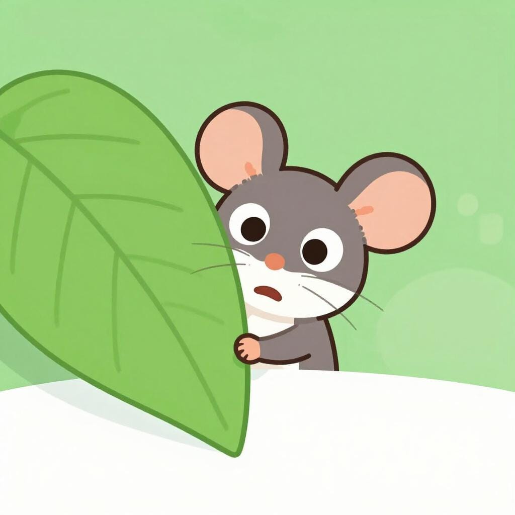 A small mouse hiding behind a large leaf, looking out with wide, nervous eyes.