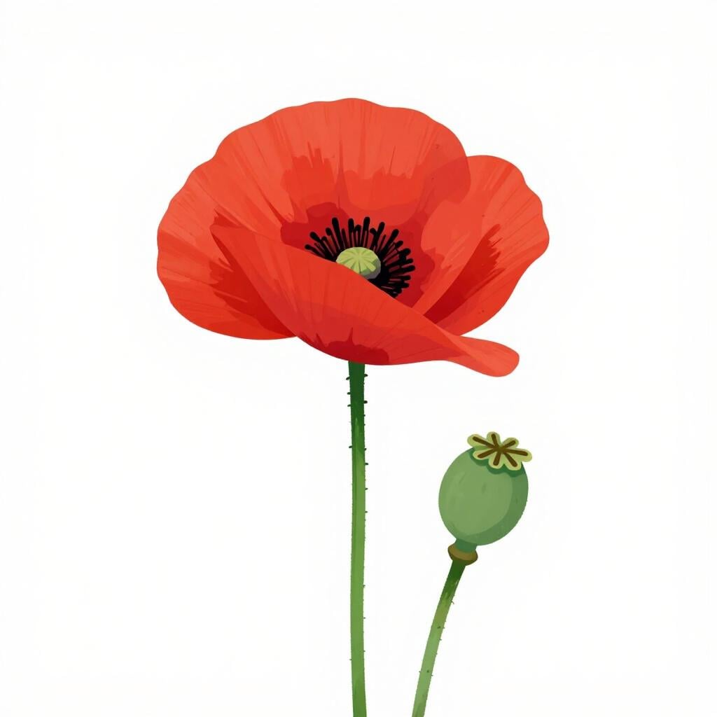 緑色の種子ポッドを中心に、鮮やかな赤いポピーの花が描かれたシンプルなイラスト。