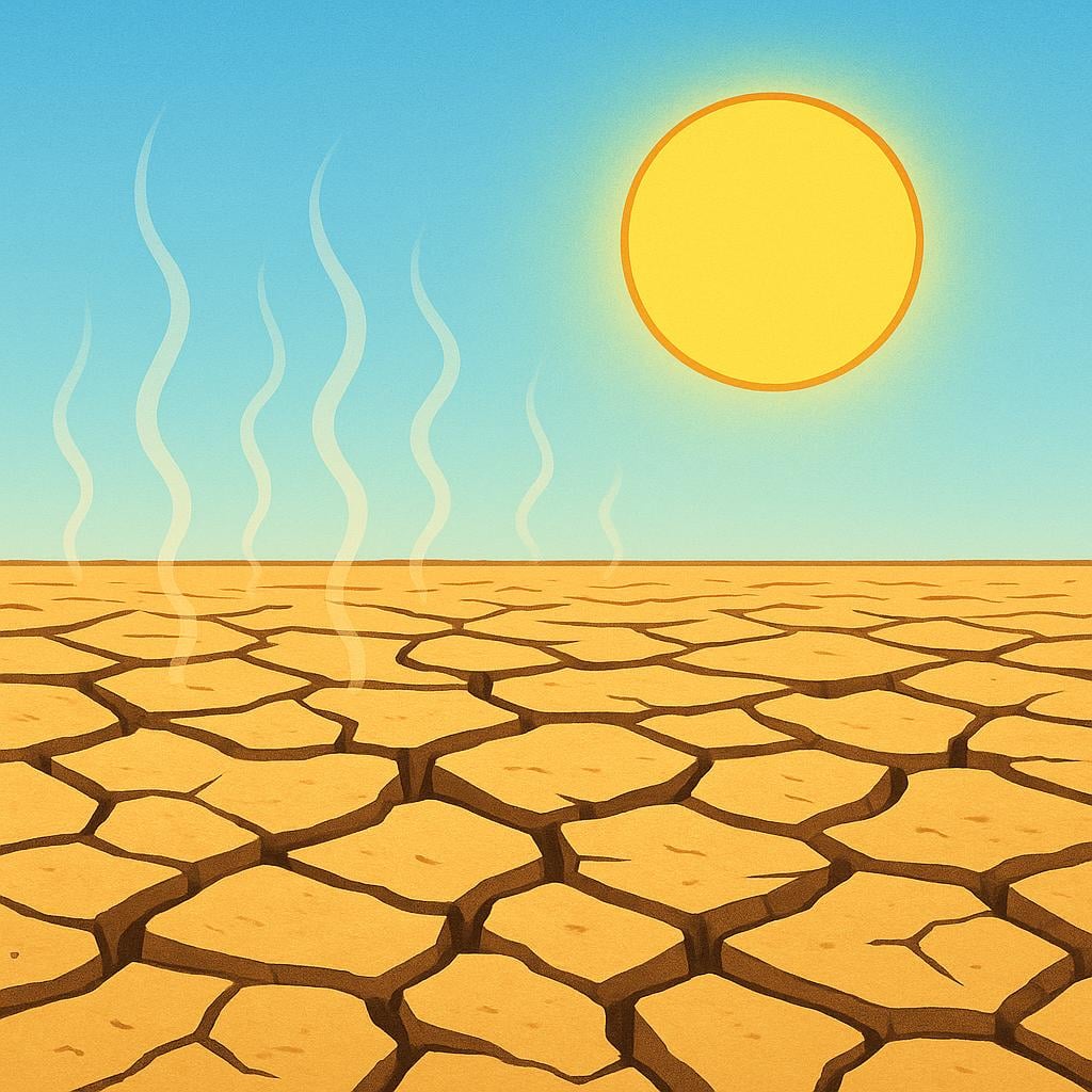 A desolate desert landscape under a blazing yellow sun, with visible heat waves shimmering and distorting the air above the cracked earth.