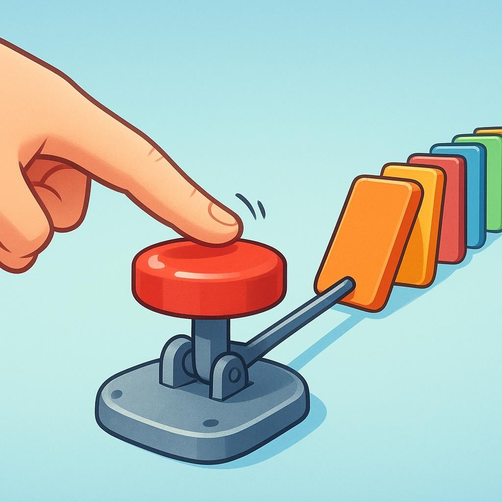 A hand's index finger pressing a large red start button, causing the first domino in a long line to tip over, initiating a chain reaction.