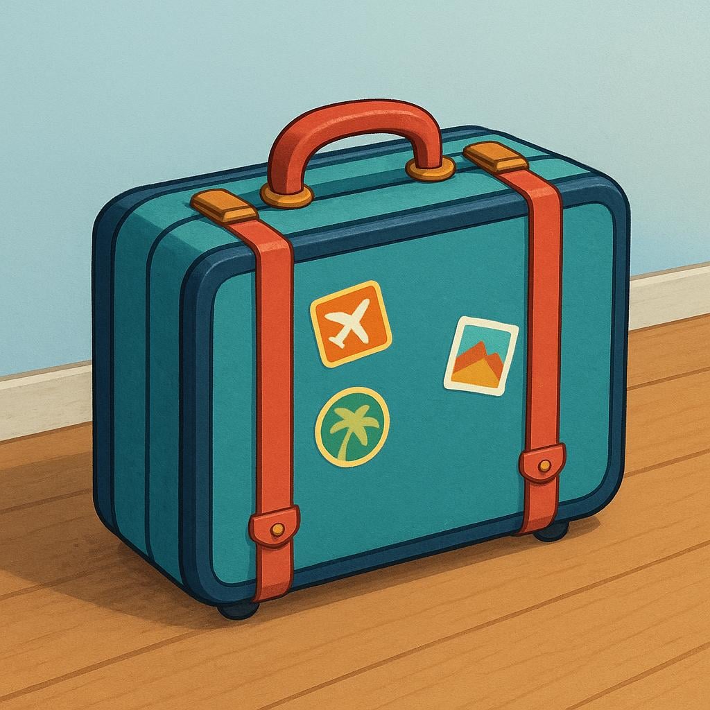A brightly colored, closed suitcase rests isolated on a polished wooden floor in a new, empty room, showing its state of having been transported.