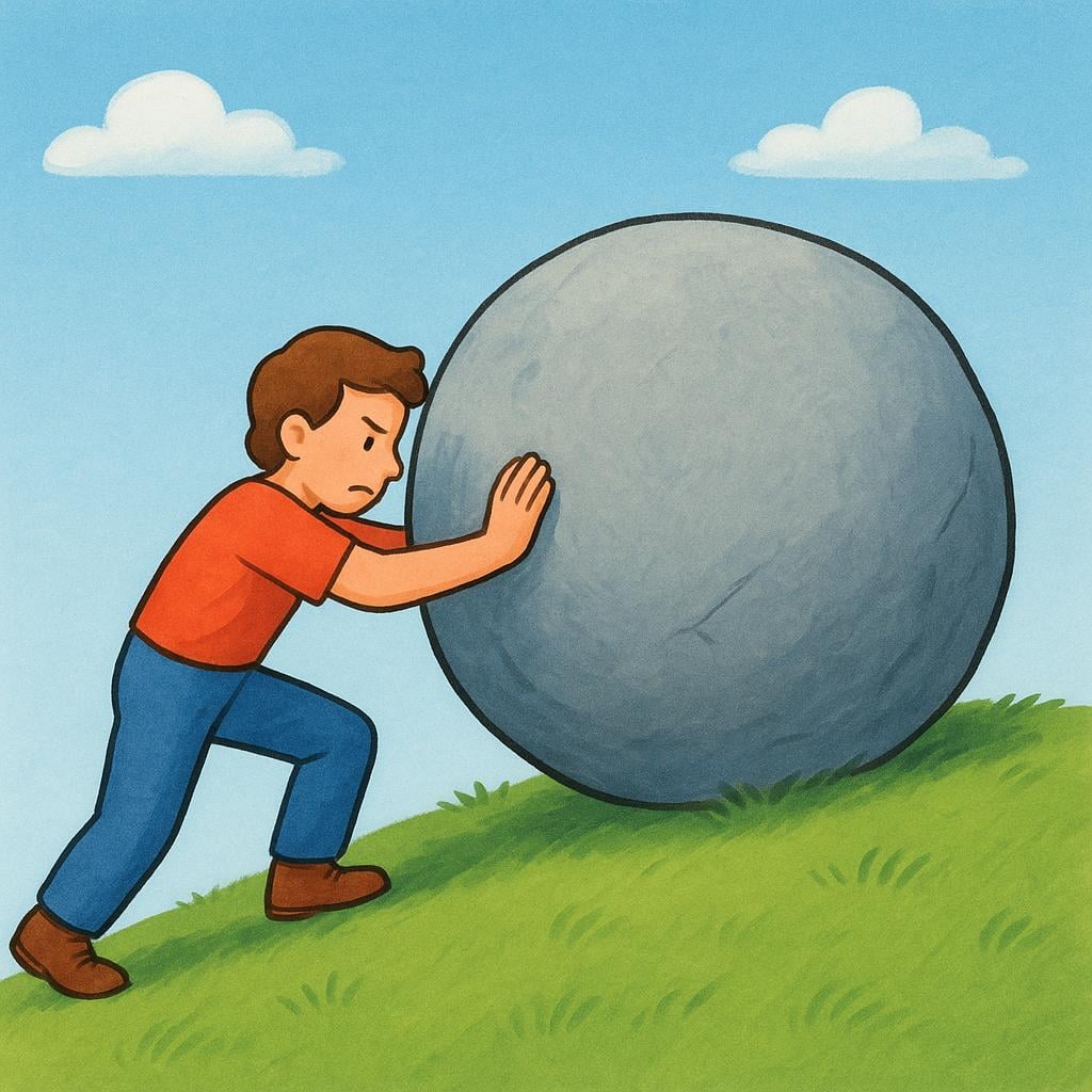 A colorful illustration of a determined person pushing a massive, round boulder up a gentle slope, showing visible strain and great effort.