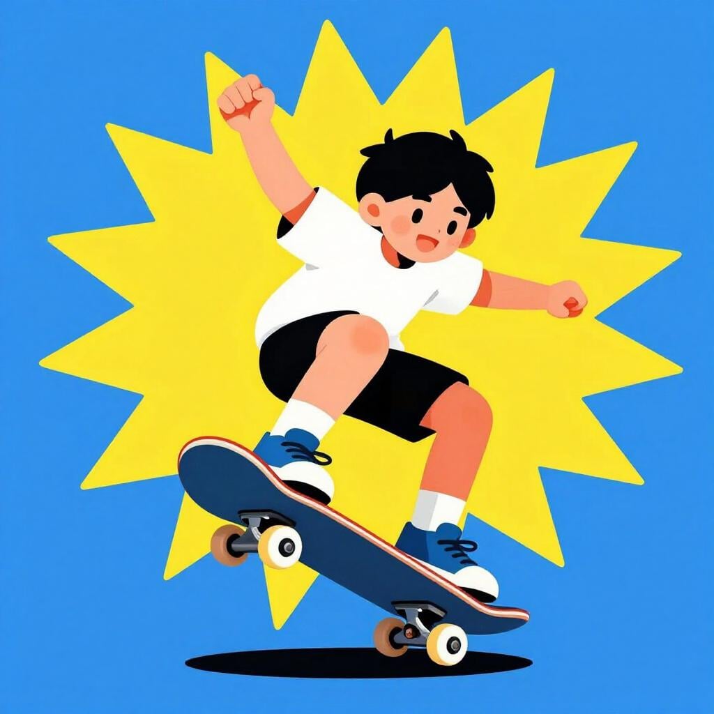 En ung pojke som lyckas landa ett svårt trick på en skateboard med en ljus explosion av färgglada stjärnor bakom sig.