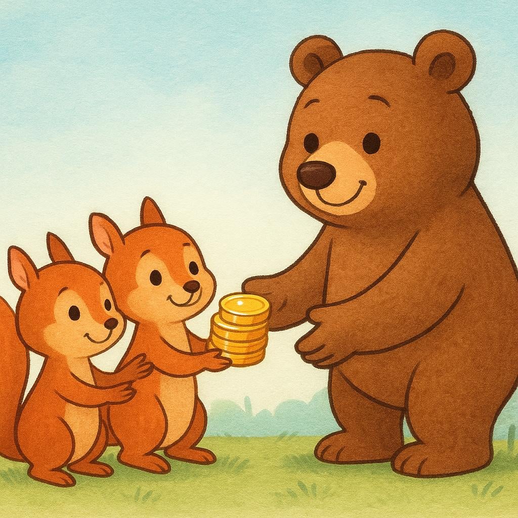 Two small, friendly squirrel characters jointly handing a small stack of shiny gold coins to a helpful, smiling bear character, illustrating repayment of a debt.