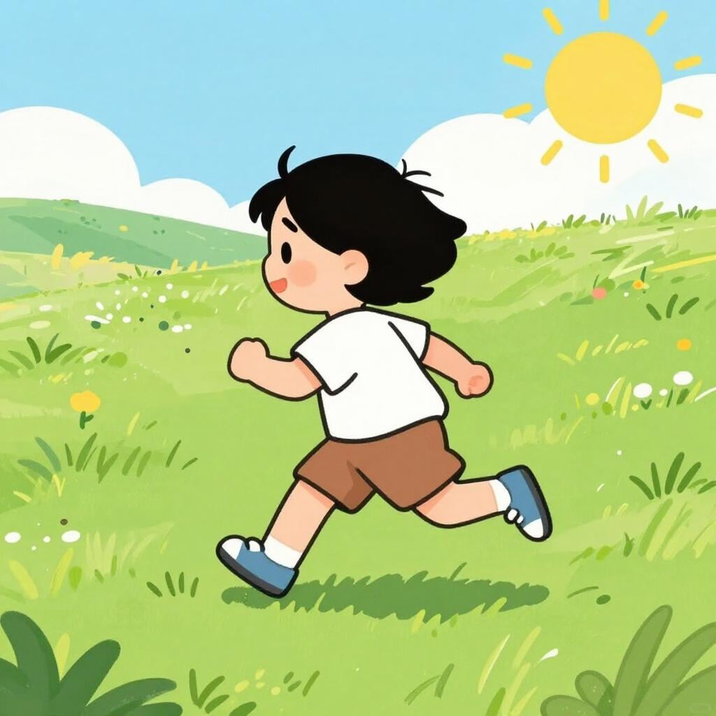 A child running joyfully through a green meadow with their arms outstretched.