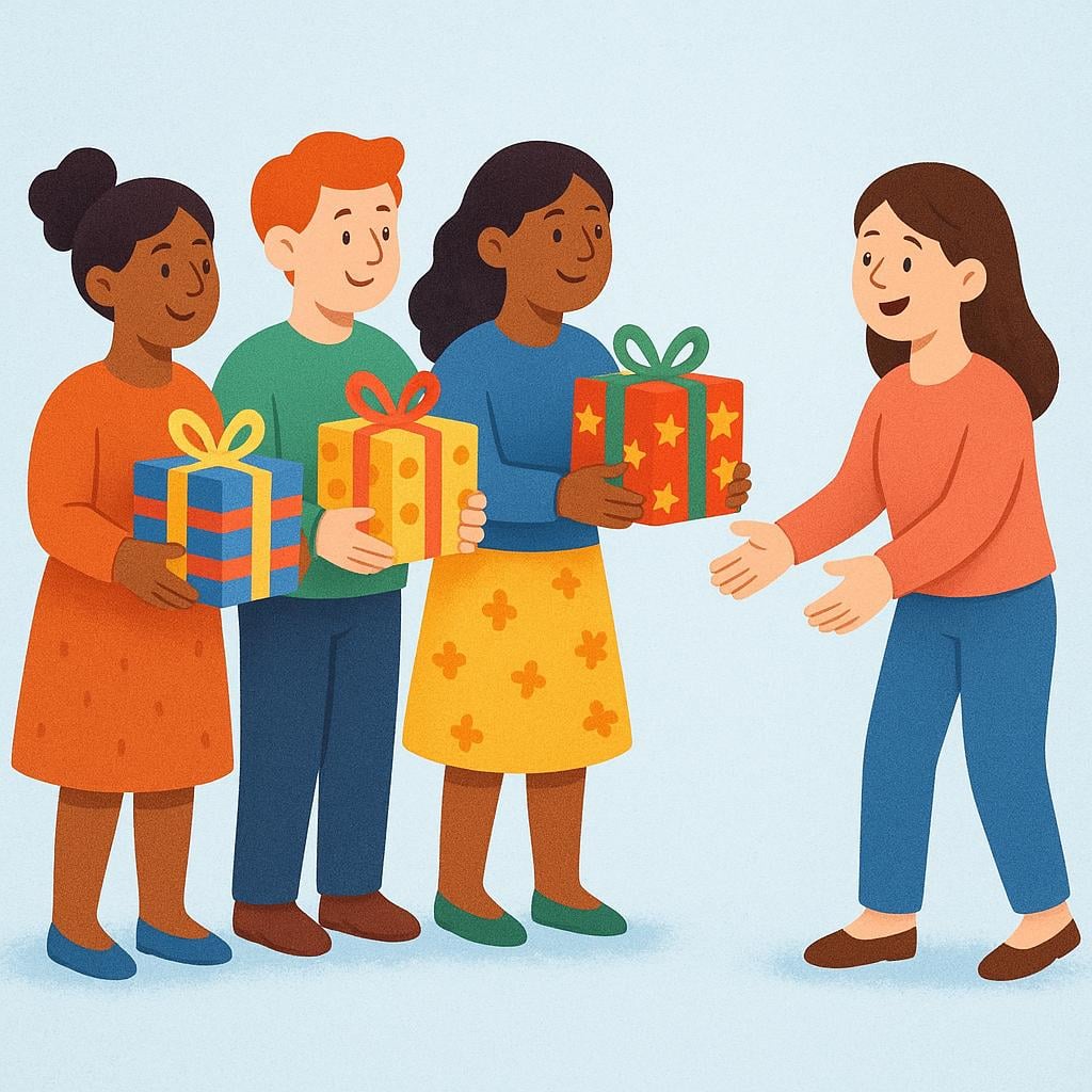 Three cartoon characters are simultaneously handing colorful wrapped presents to a fourth, happy character, illustrating the concept of 'they give.'