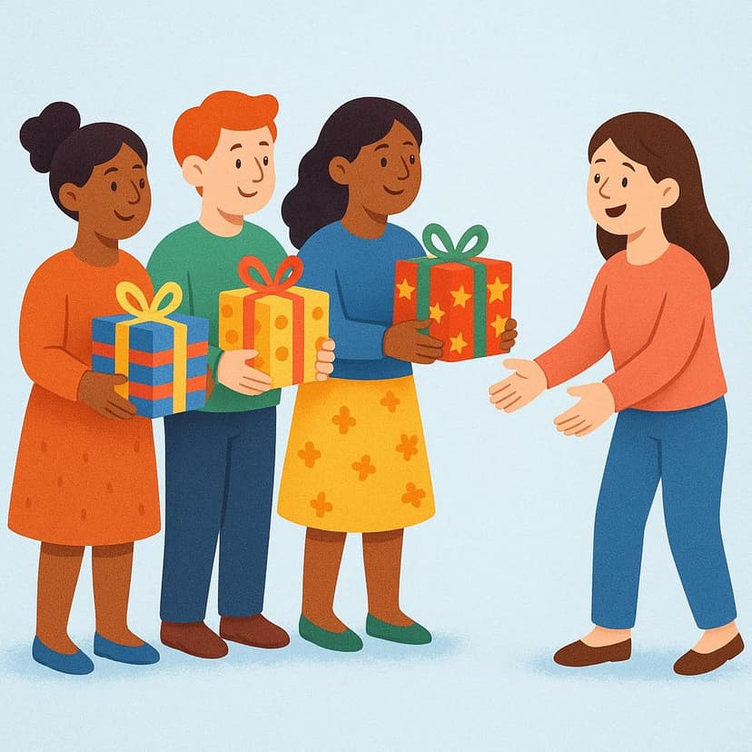 Three cartoon characters are simultaneously handing colorful wrapped presents to a fourth, happy character, illustrating the concept of 'they give.'