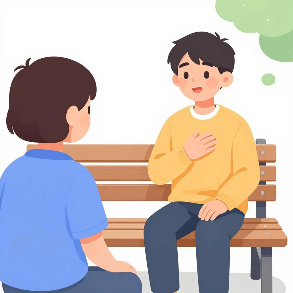친절하게 듣고 있는 친구에게 진심으로 말하고 있는, 벤치에 앉아 있는 사람.