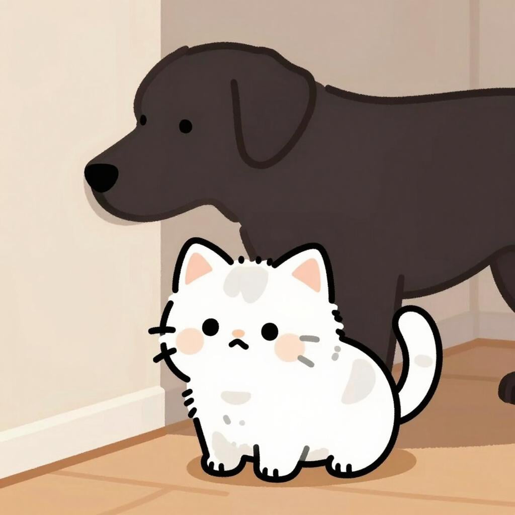A small kitten cowering in the corner while a large shadow of a barking dog looms over it.
