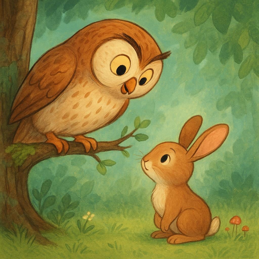 A colorful storybook illustration showing a wise owl perched on a branch, leaning down to speak to a small, attentive rabbit sitting on the ground below.