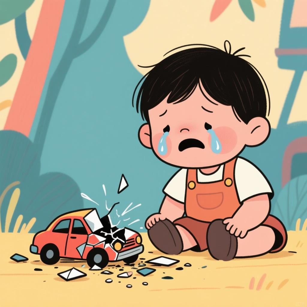 A sad child sitting on the floor next to a broken, single-wheeled toy car, illustrating sorrow or pity.