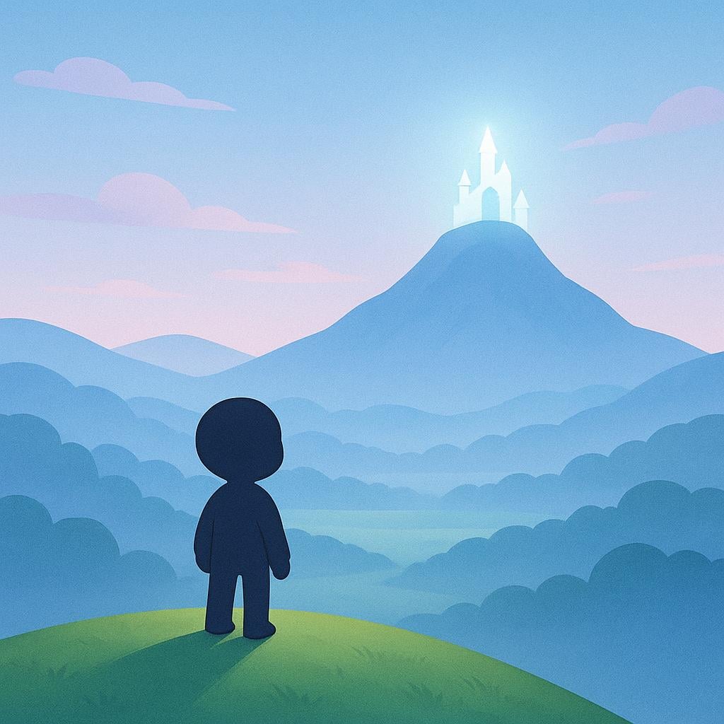 A simplified figure standing on a green hill at dawn, gazing confidently toward a brightly glowing, stylized castle on a distant mountain peak, representing a future goal.