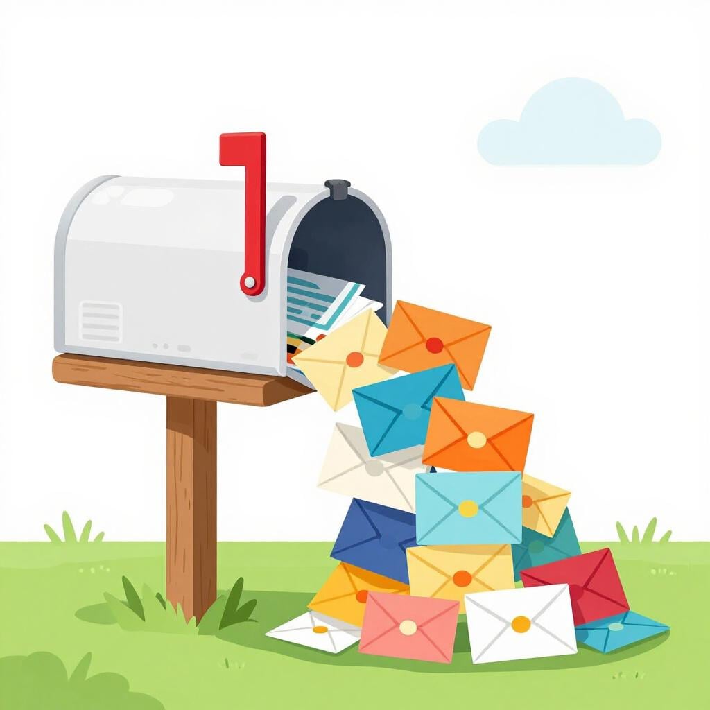 Une pile massive de lettres et d'enveloppes colorées débordant d'une boîte aux lettres en bois.