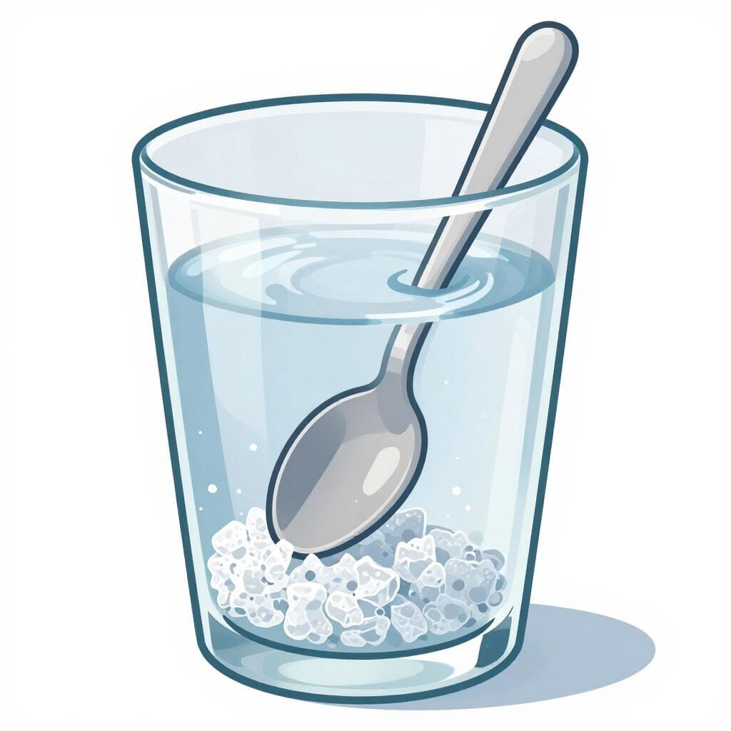 설탕 덩어리를 맑은 물이 담긴 유리잔에 넣고 젓는 숟가락으로, 설탕이 혼합물에 녹는 모습을 보여줍니다.