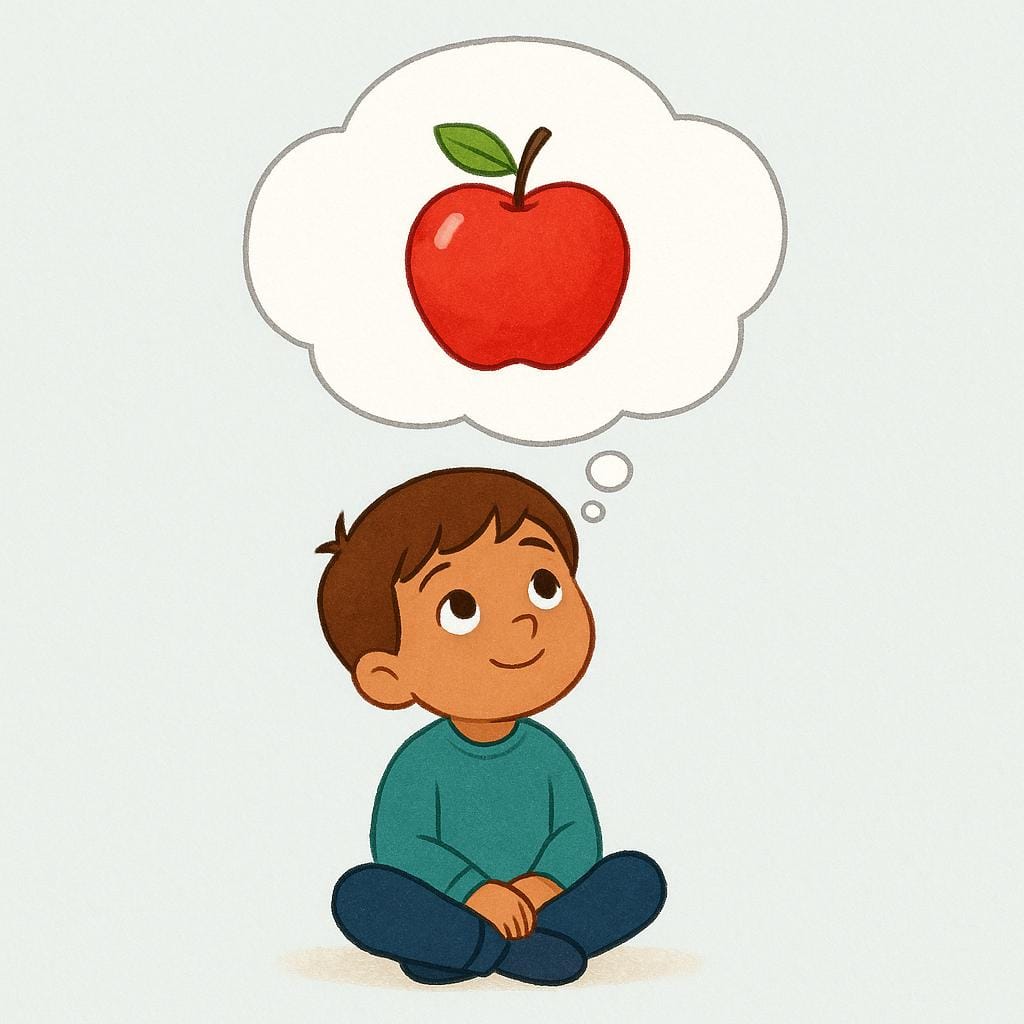 Una persona seduta e che guarda pensierosa verso l'alto, dove galleggia sopra la sua testa una nuvoletta di pensiero contenente una mela rossa brillante, che simboleggia il ricordo di un fatto.