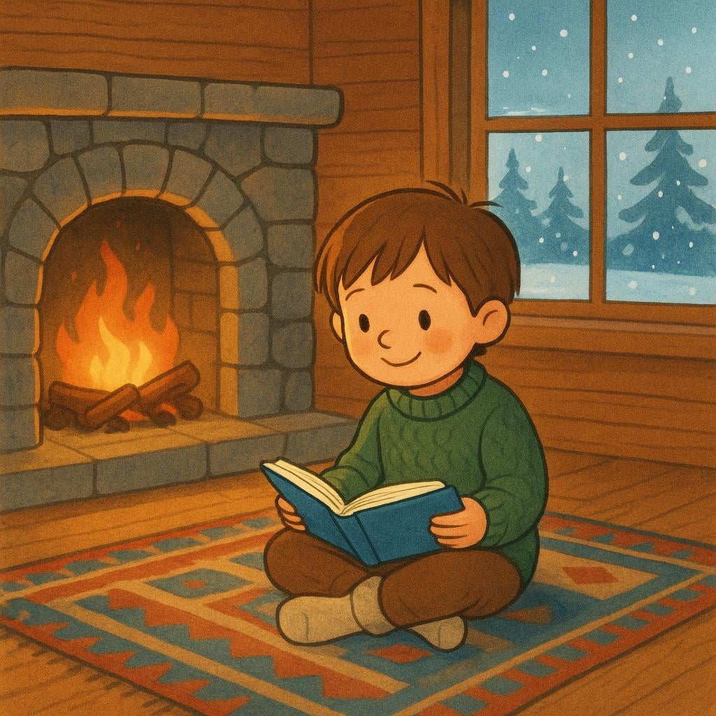 A cozy scene showing a child sitting by a fireplace indoors, suggesting they chose to remain inside the warm cabin.