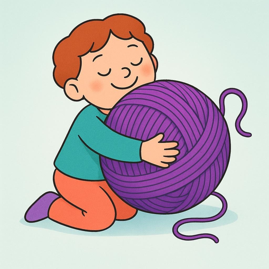 A cheerful figure tightly embracing an oversized ball of brightly colored purple yarn, showing intense focus and obsession.