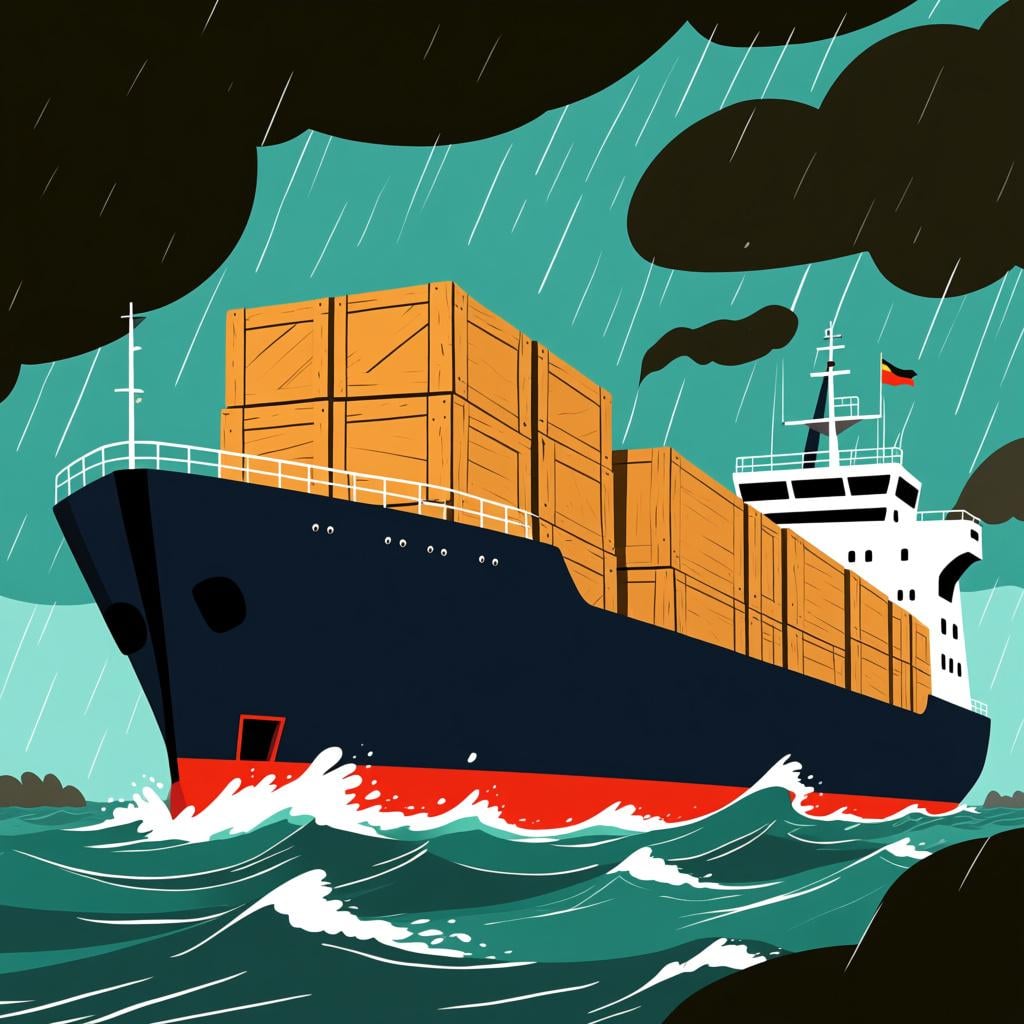 A dark cargo ship sailing across a stormy, grey sea carrying large, unmarked wooden crates, symbolizing illegal trade or trafficking.