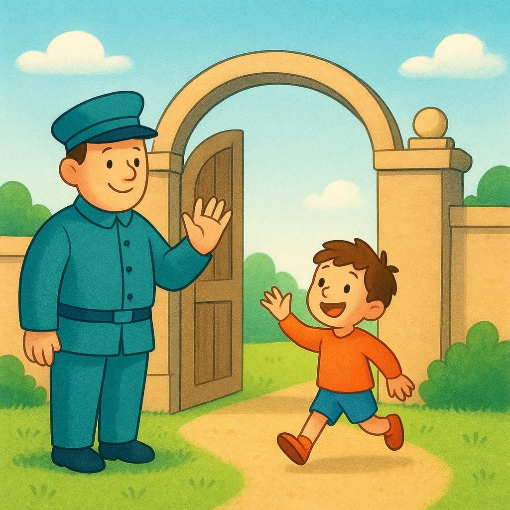 Una scena che mostra una persona piccola che cammina felicemente attraverso un cancello aperto e accogliente, segnalata in avanti da una guardia amichevole.