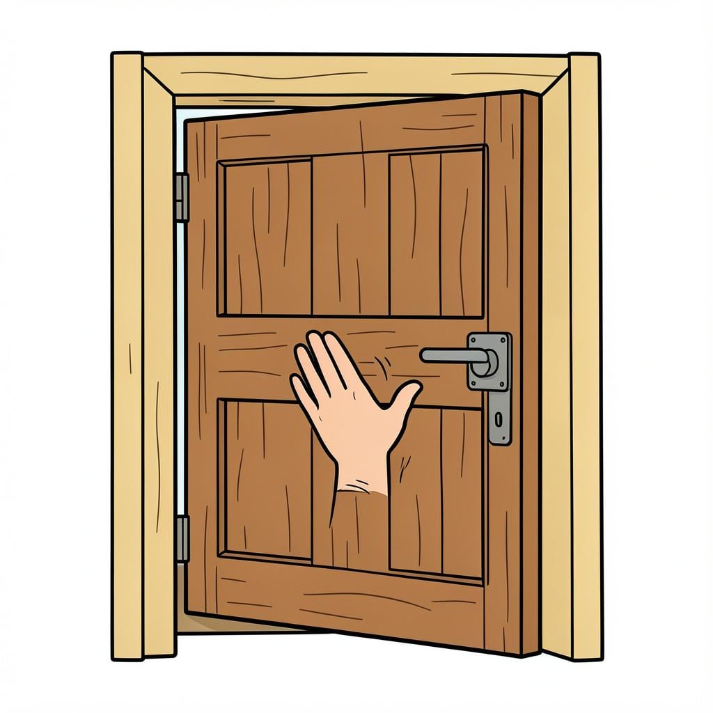 A hand gently pushing a large wooden door to a closed position.