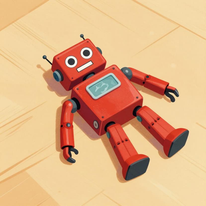 Un jouet robot pour enfant gisant au sol avec un bras manquant et des fils dénudés.