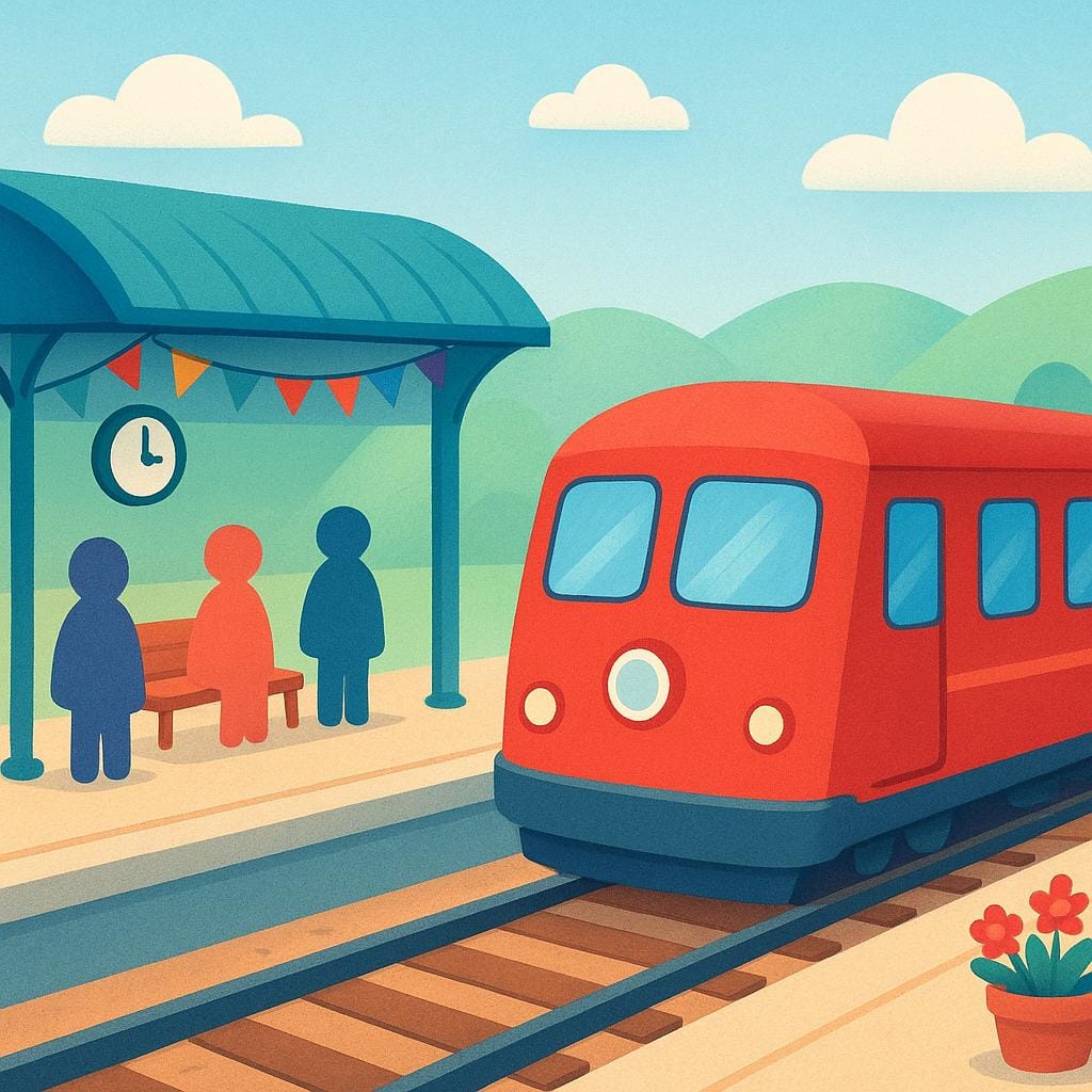 Un piccolo treno passeggeri rosso sta entrando in una stazione luminosa, simboleggiando la fine di un viaggio fisico.