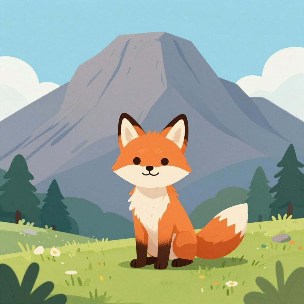 Un petit renard courageux, debout et faisant face à un grand sentier de montagne brumeux.