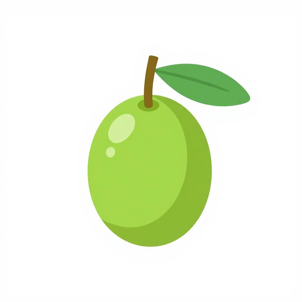 A single green olive with a small leaf attached to its stem.