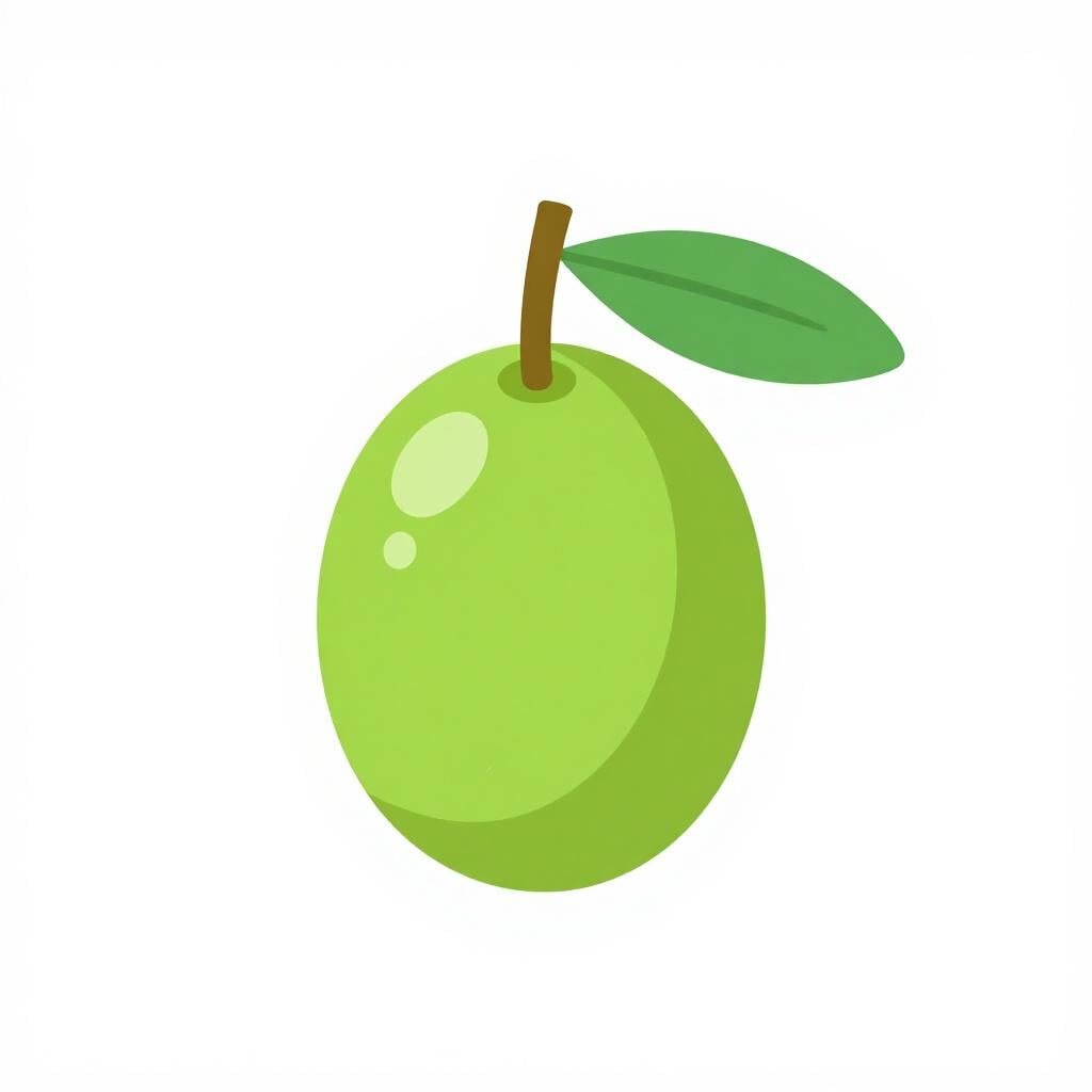 A single green olive with a small leaf attached to its stem.