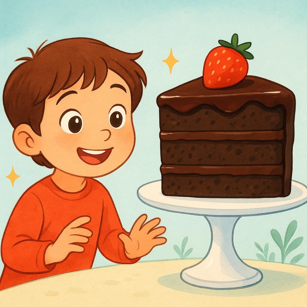 A storybook illustration of a child gazing longingly at a large, colorful slice of chocolate cake on a pedestal, representing strong desire.