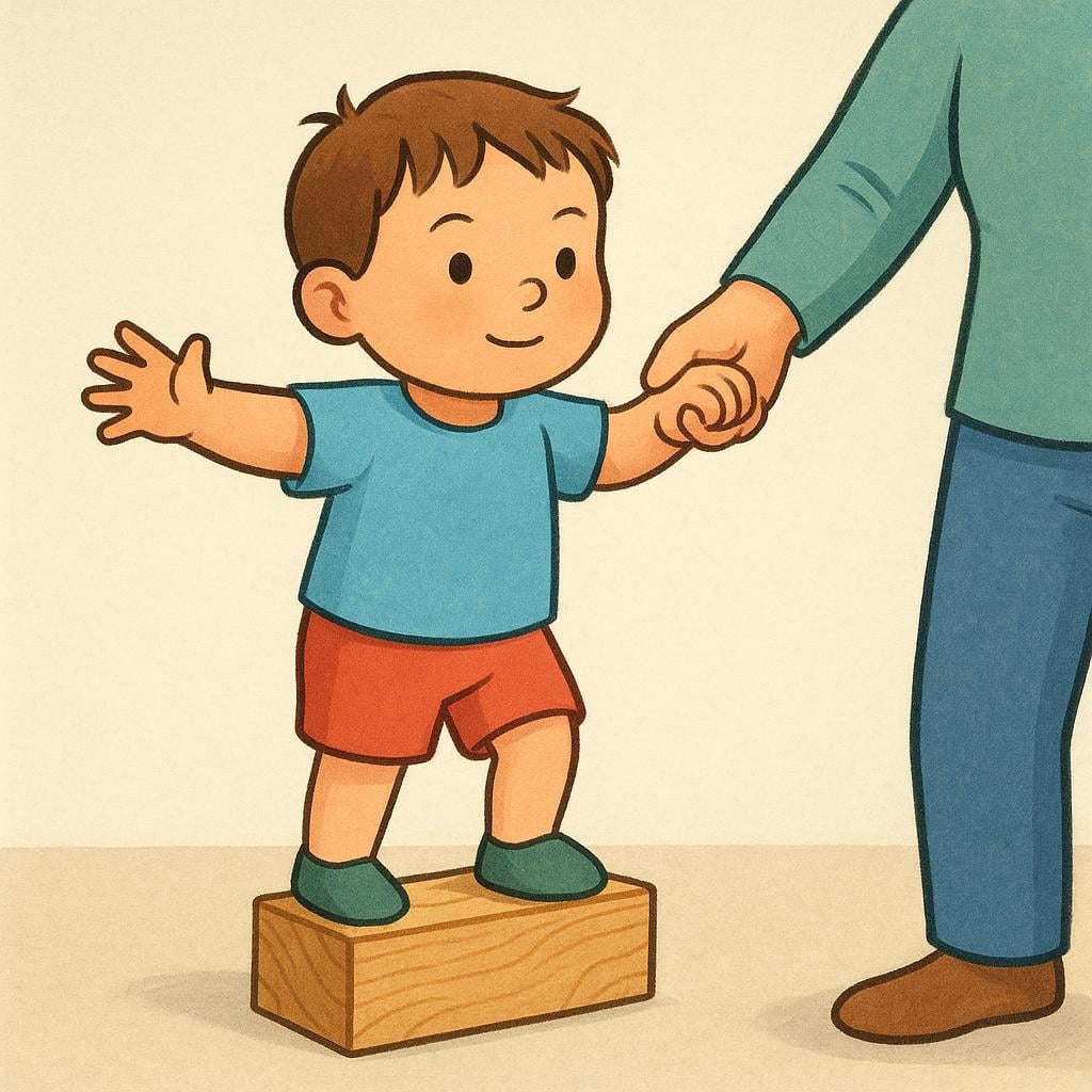 A small child is standing on a low, wobbly platform, confidently reaching out their hand to an adult who is firmly grasping it, symbolizing trust and support.
