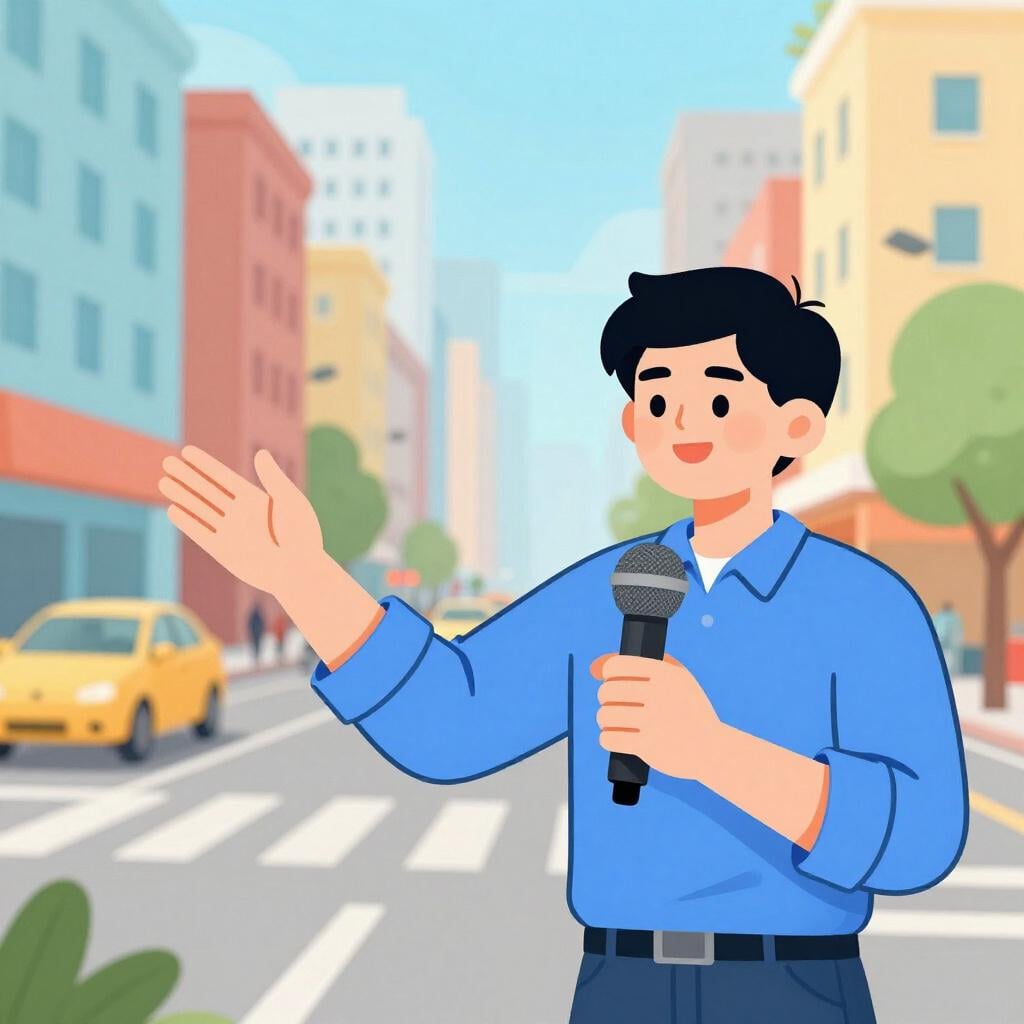 A journalist holding a microphone while standing in front of a colorful, busy city street.